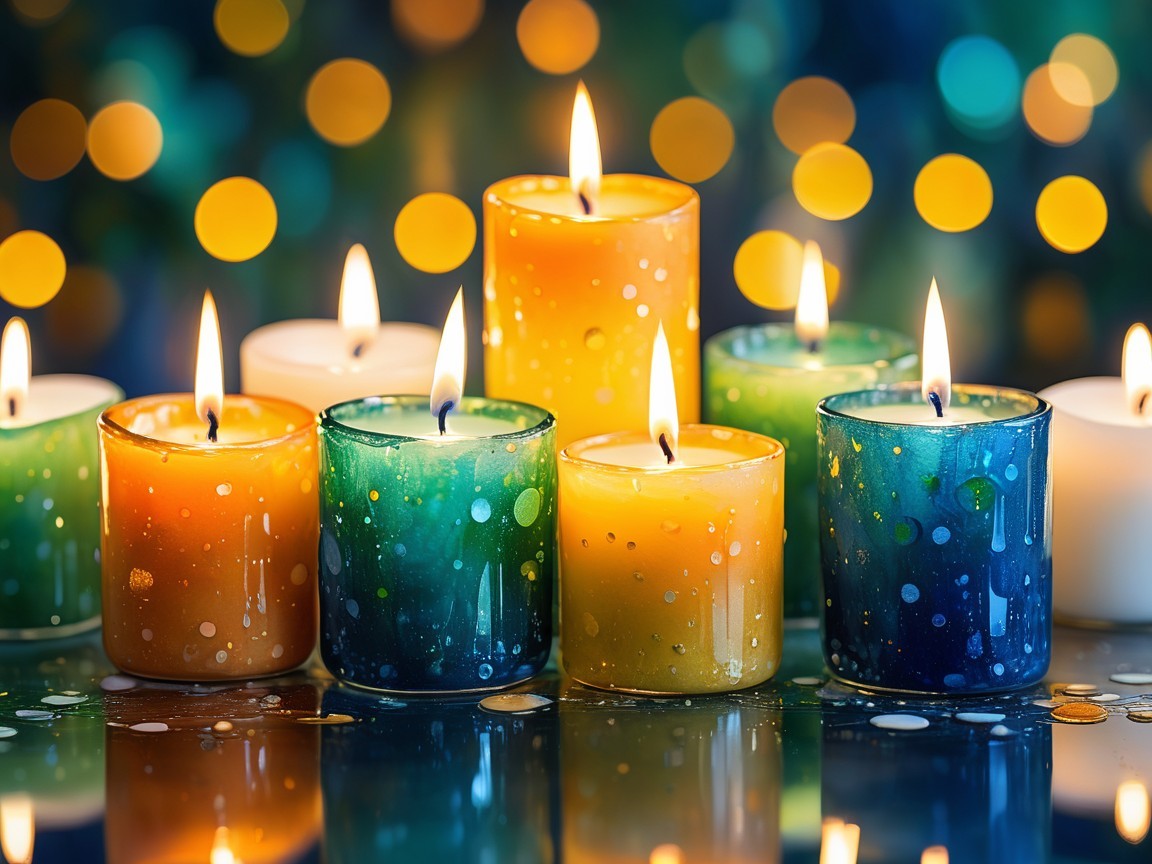 Vibrant Candles with Speckled Patterns and Bokeh Lights