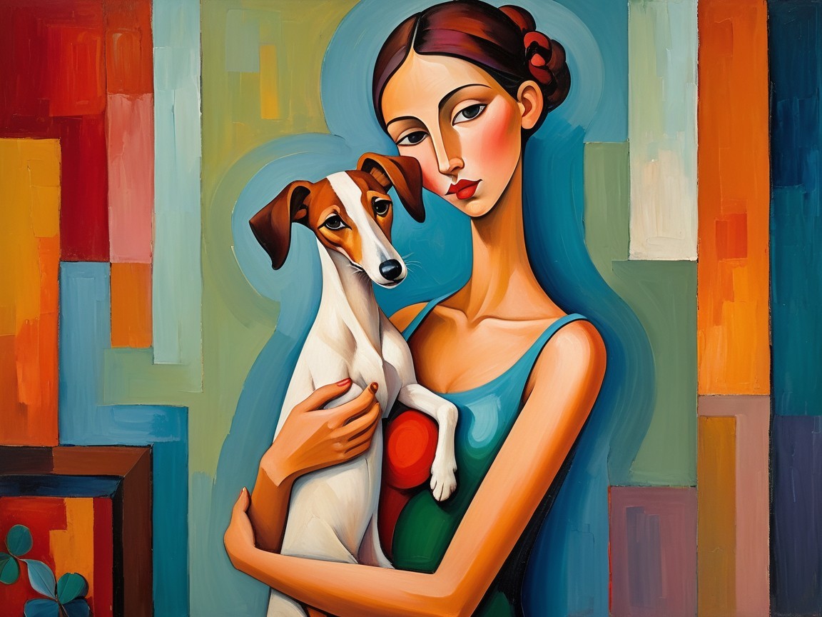 Colorful Abstract Painting of Woman with Dog