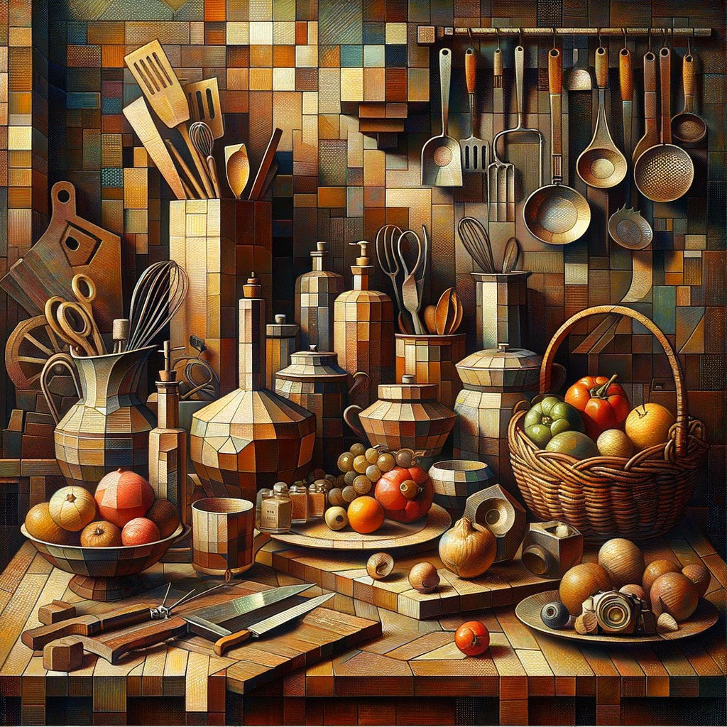 Cubist Kitchen Scene with Abstract Utensils and Fruits