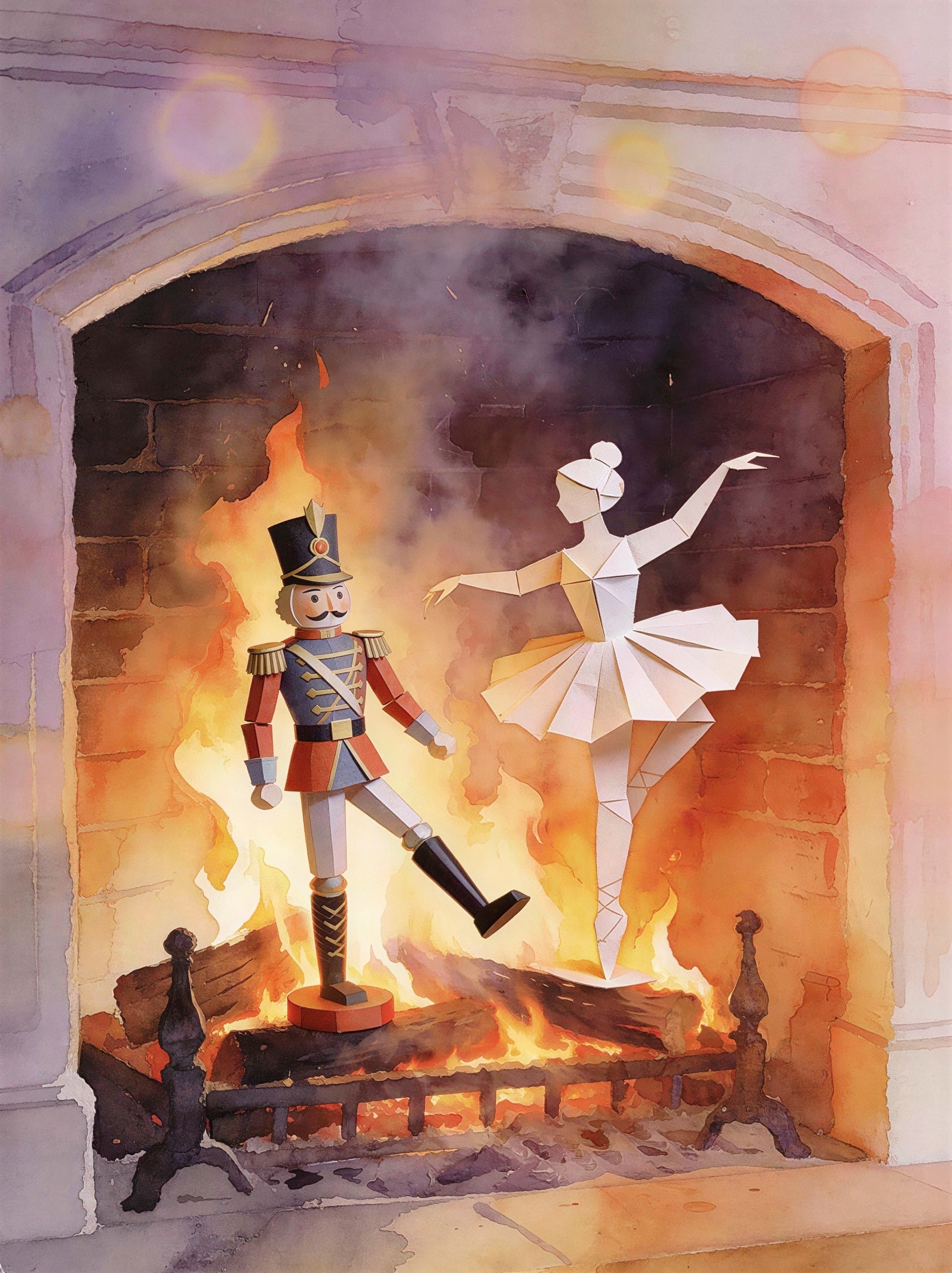 Watercolor Painting of Fireplace with Origami Figures