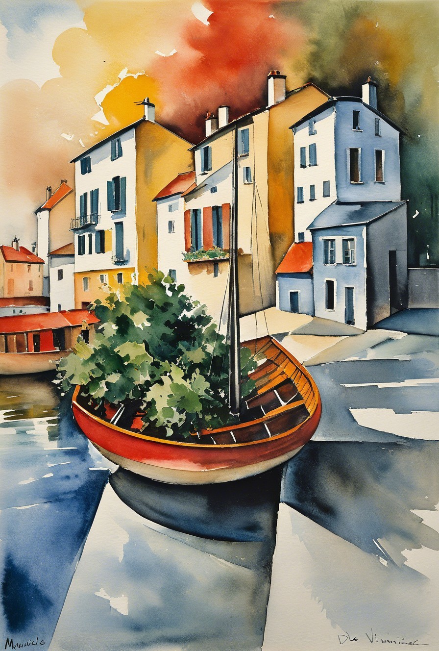 Vibrant Watercolor Harbor Scene with Colorful Houses