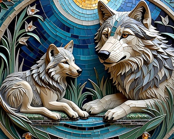 Mosaic Artwork of Wolves with Floral Designs