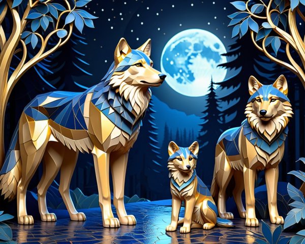 Geometric Wolves in a Mystical Forest Scene