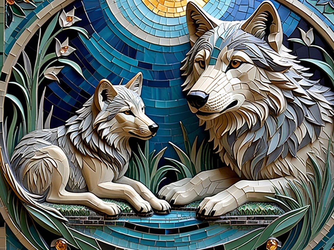 Mosaic Artwork of Wolves with Floral Designs