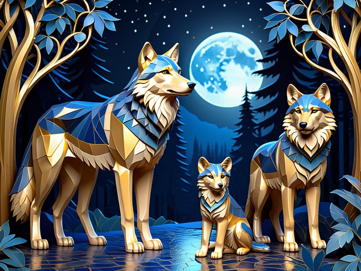 Geometric Wolves in a Mystical Forest Scene