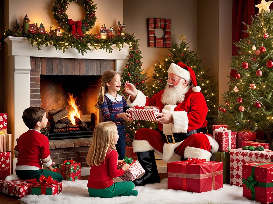 Cozy Living Room Scene with Santa and Children