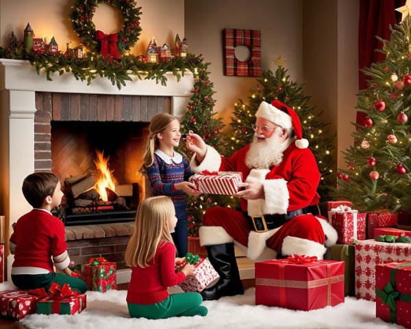 Cozy Living Room Scene with Santa and Children