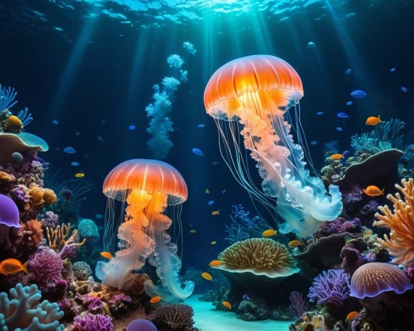 Glowing Jellyfish in Colorful Coral Reef Scene