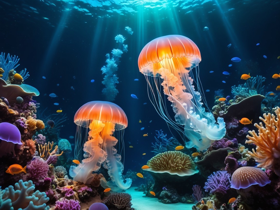 Glowing Jellyfish in Colorful Coral Reef Scene