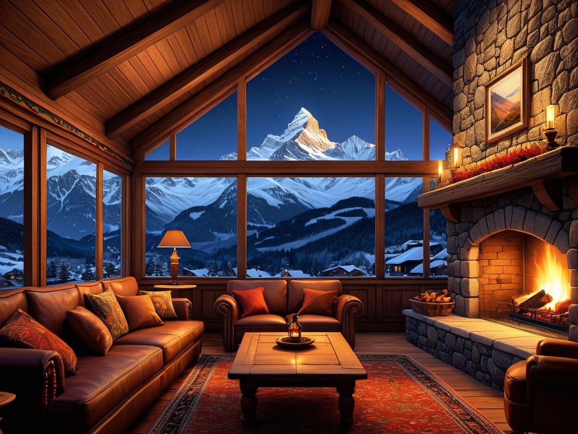 Warm Rustic Living Room with Mountain View and Fireplace