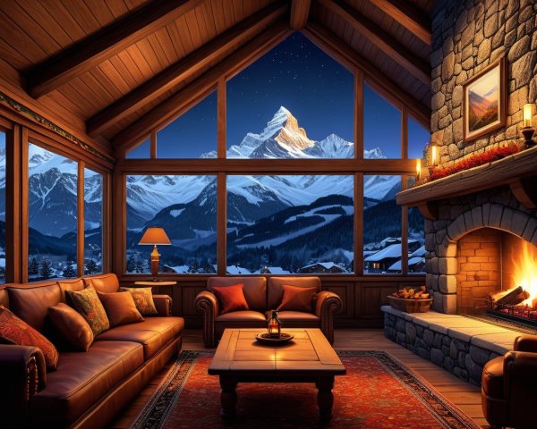 Warm Rustic Living Room with Mountain View and Fireplace