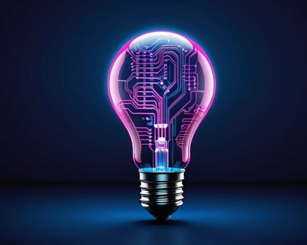Glowing Light Bulb with Purple and Blue Circuit Design