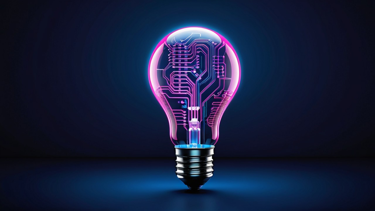 Glowing Light Bulb with Purple and Blue Circuit Design