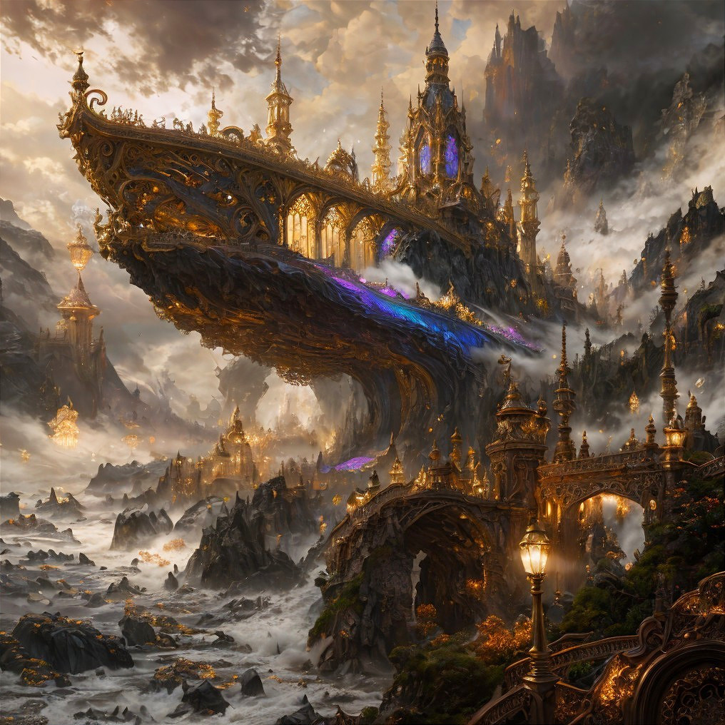 Floating Palace in a Fantasy Landscape with Waterfalls