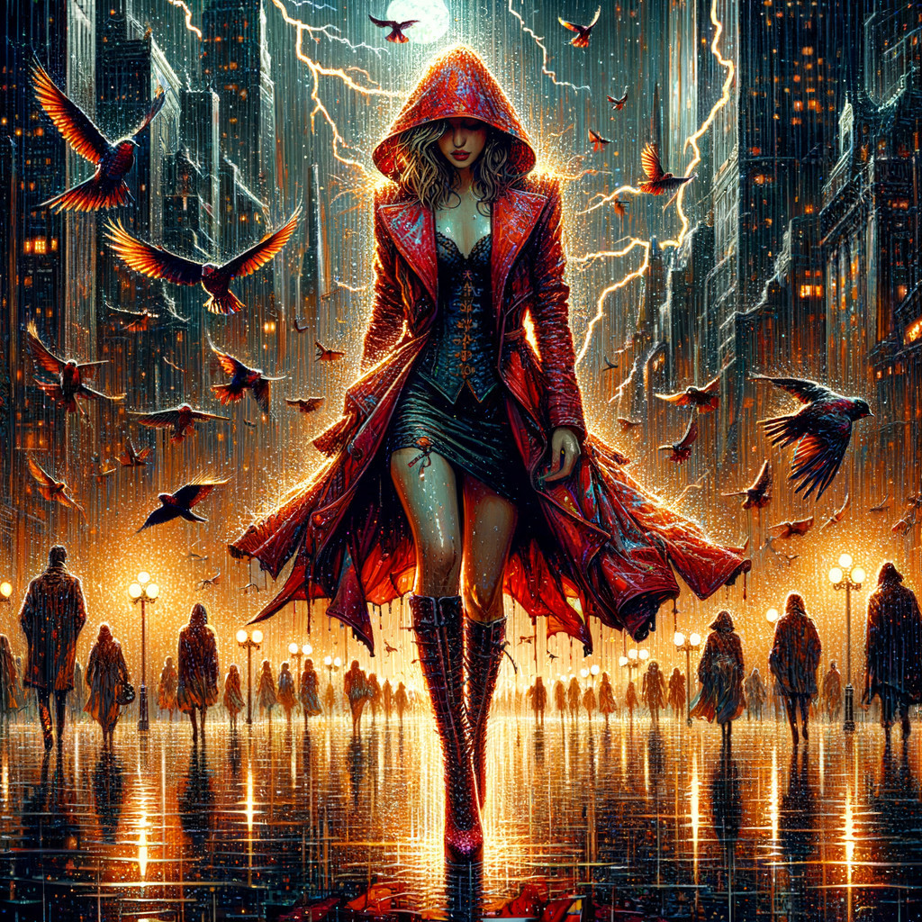 Red Hooded Figure in Rainy Urban Landscape