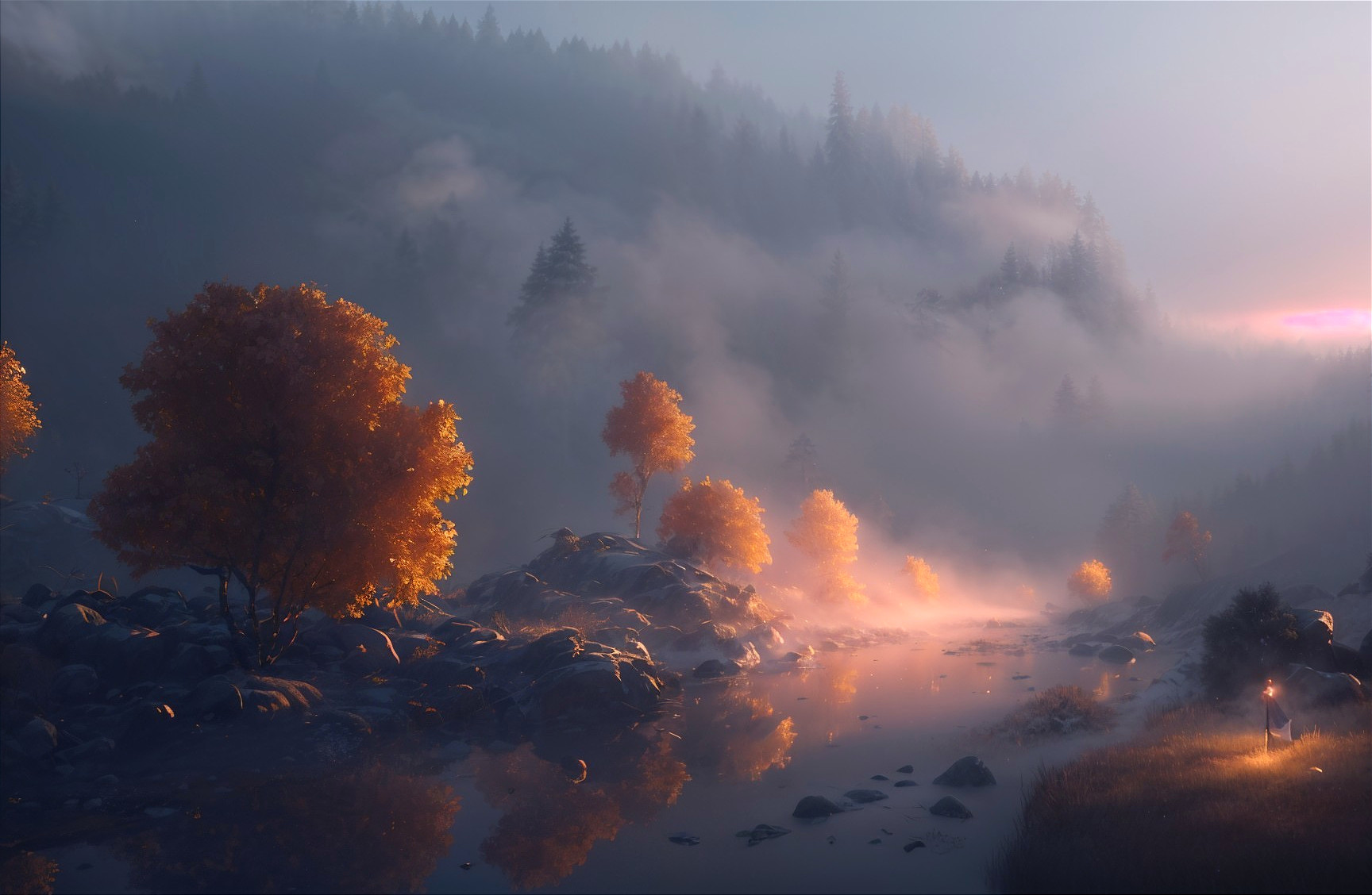 Misty River in a Golden Autumn Landscape