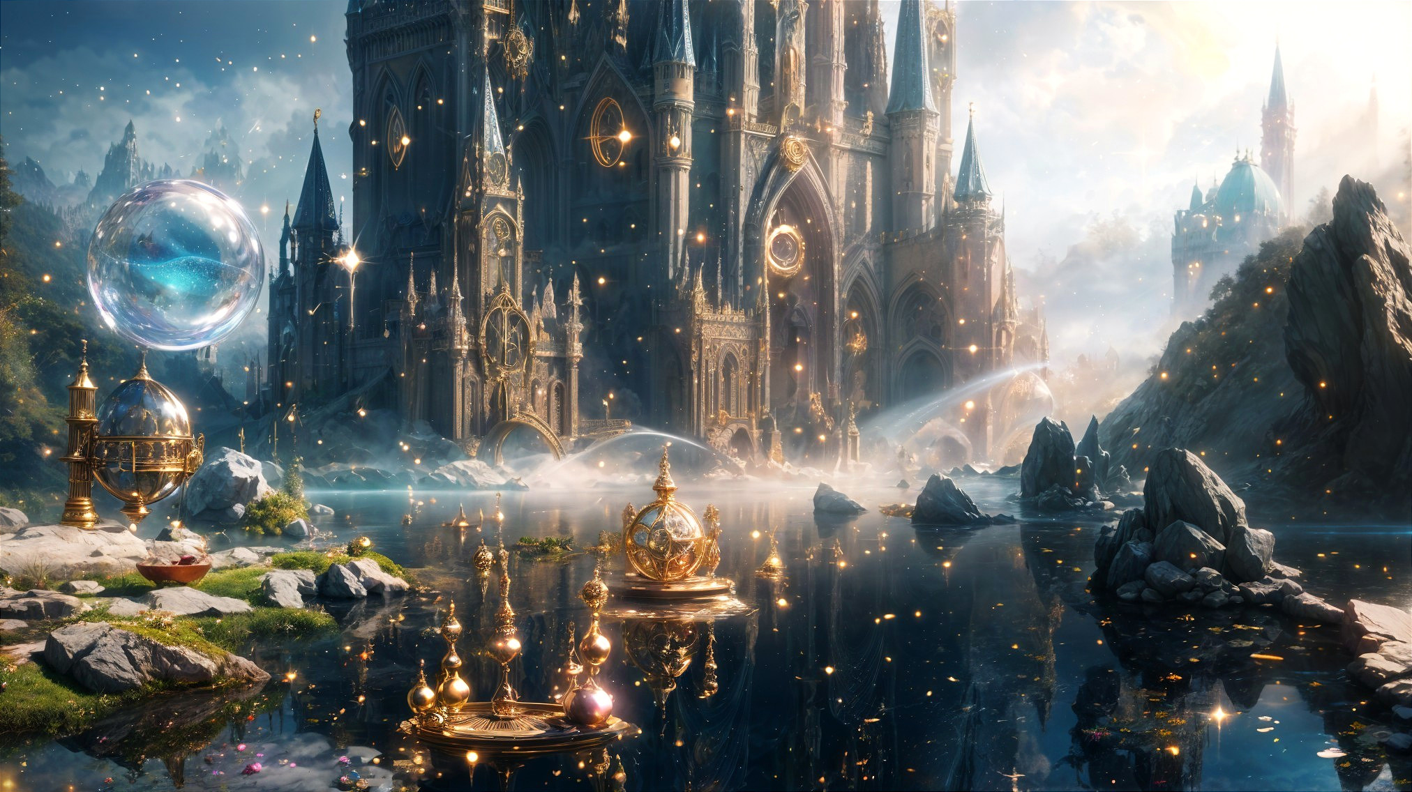 Fantasy Landscape with Castle and Shimmering Lake