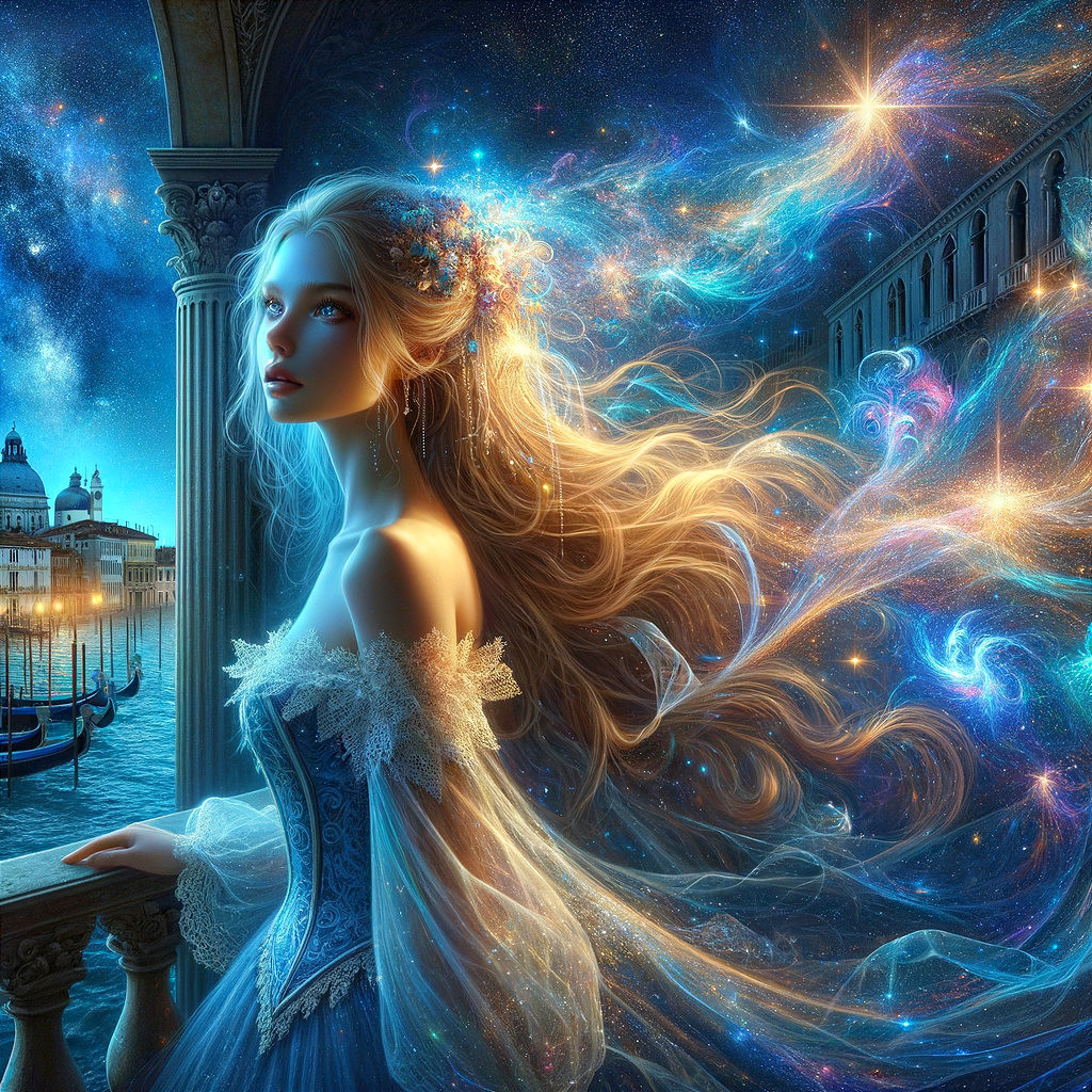 Celestial Woman Over Starry Waterscape Scene
