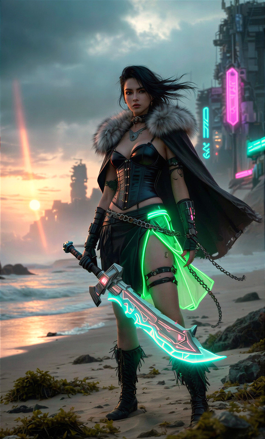 Fierce warrior on beach at sunset with futuristic sword