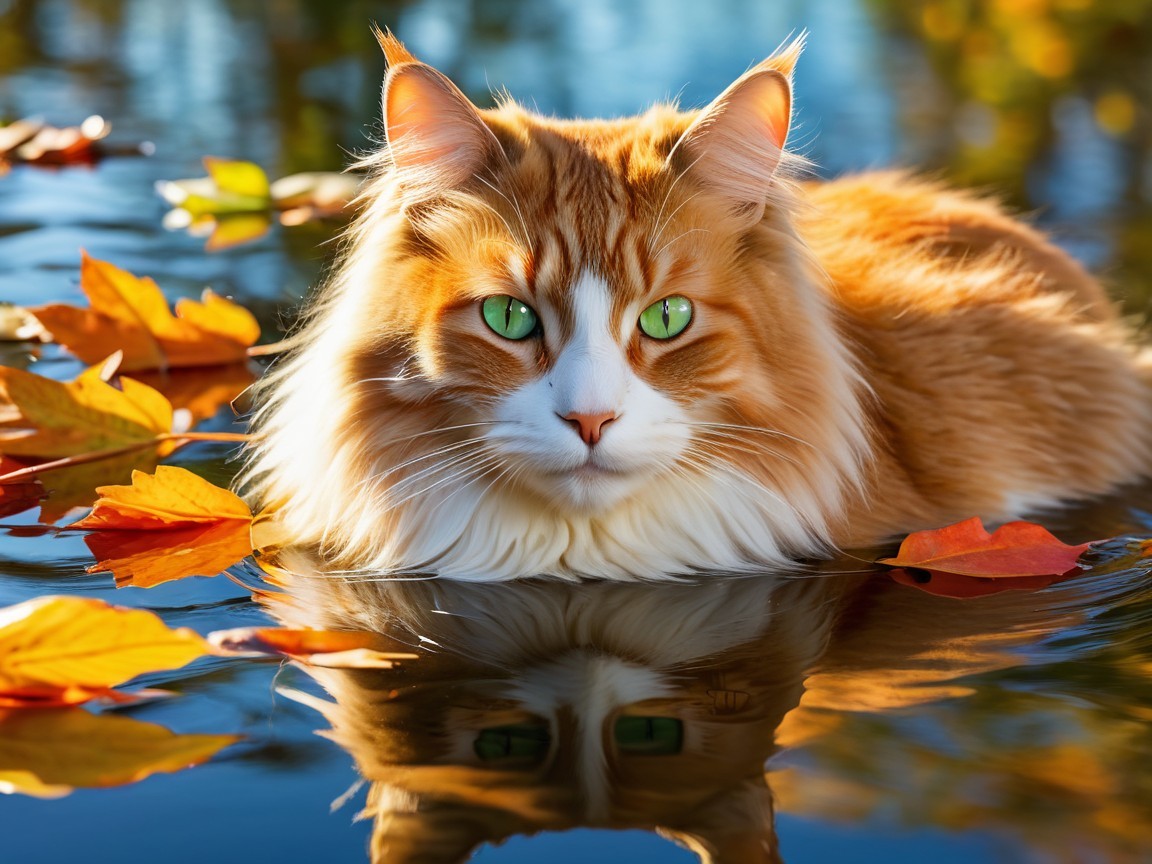 Orange and white cat resting in tranquil water scene