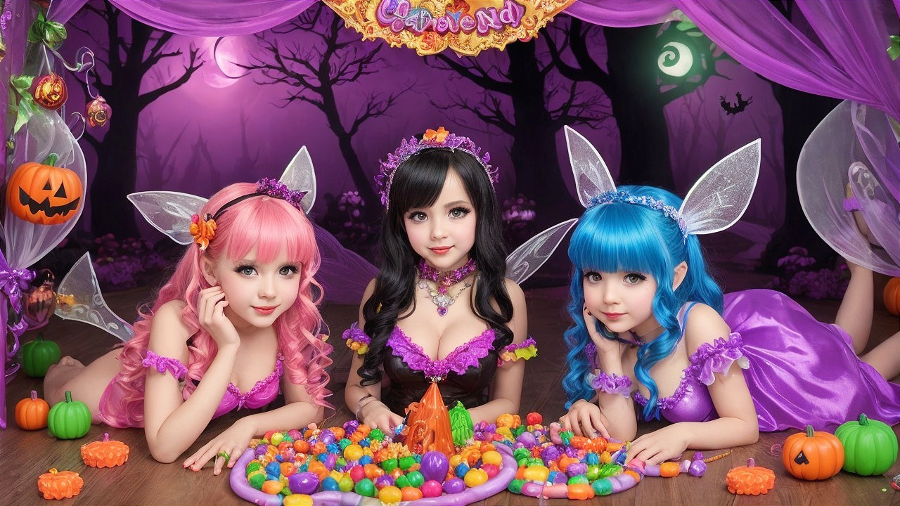 Colorful Fairies in Purple Outfits with Decorations