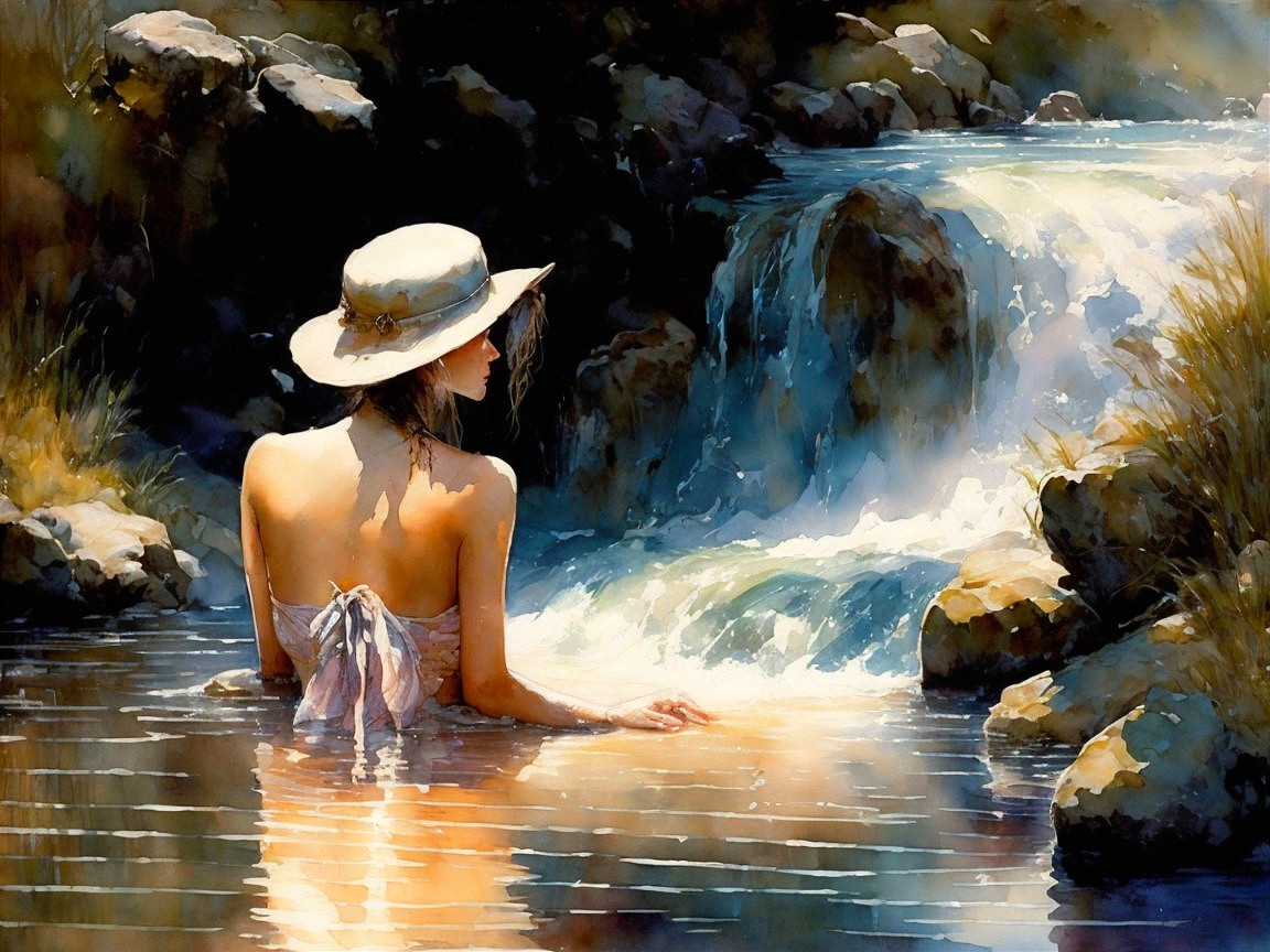Woman in light dress by a tranquil waterfall pool