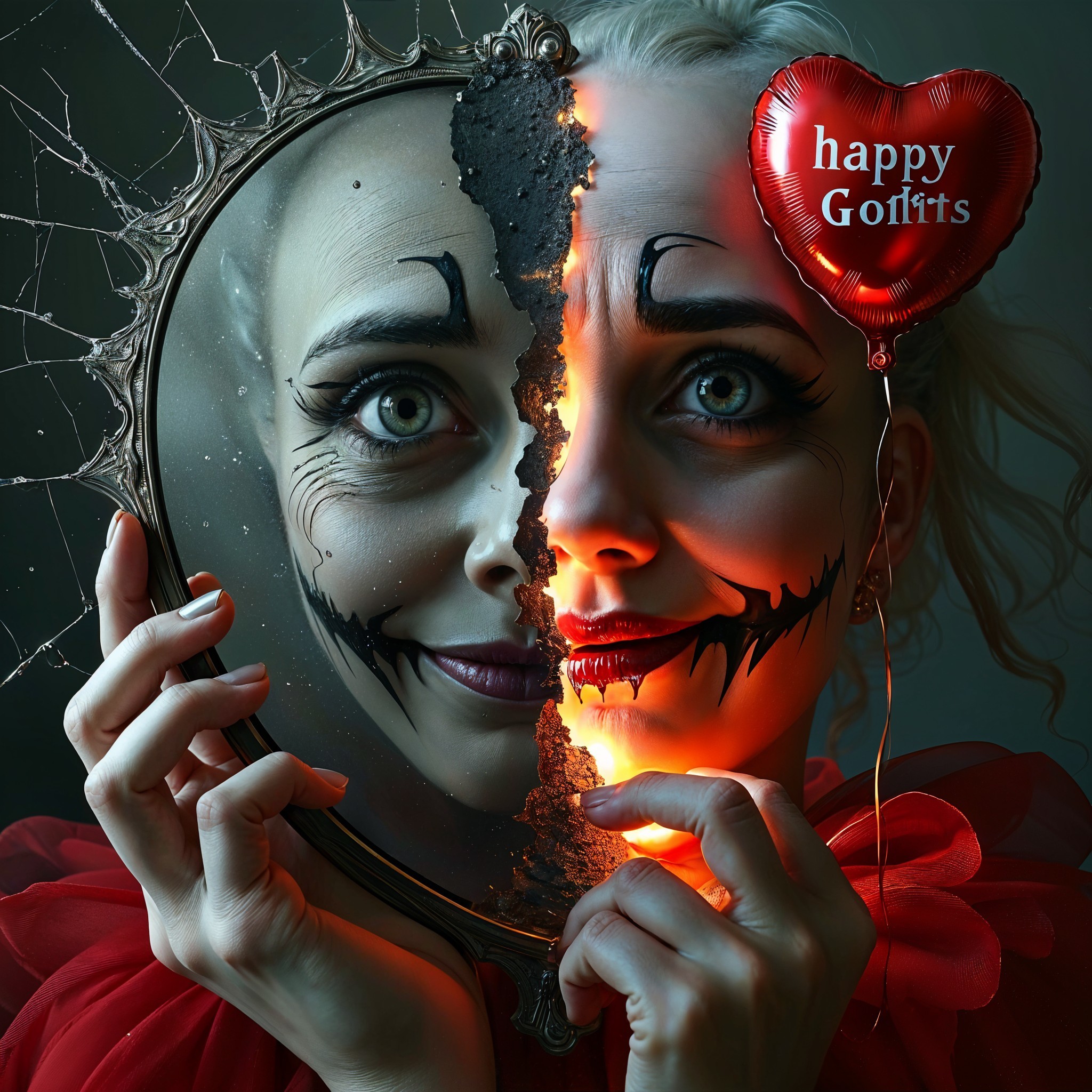 Woman with Split Face: Clown and Dark Reflection