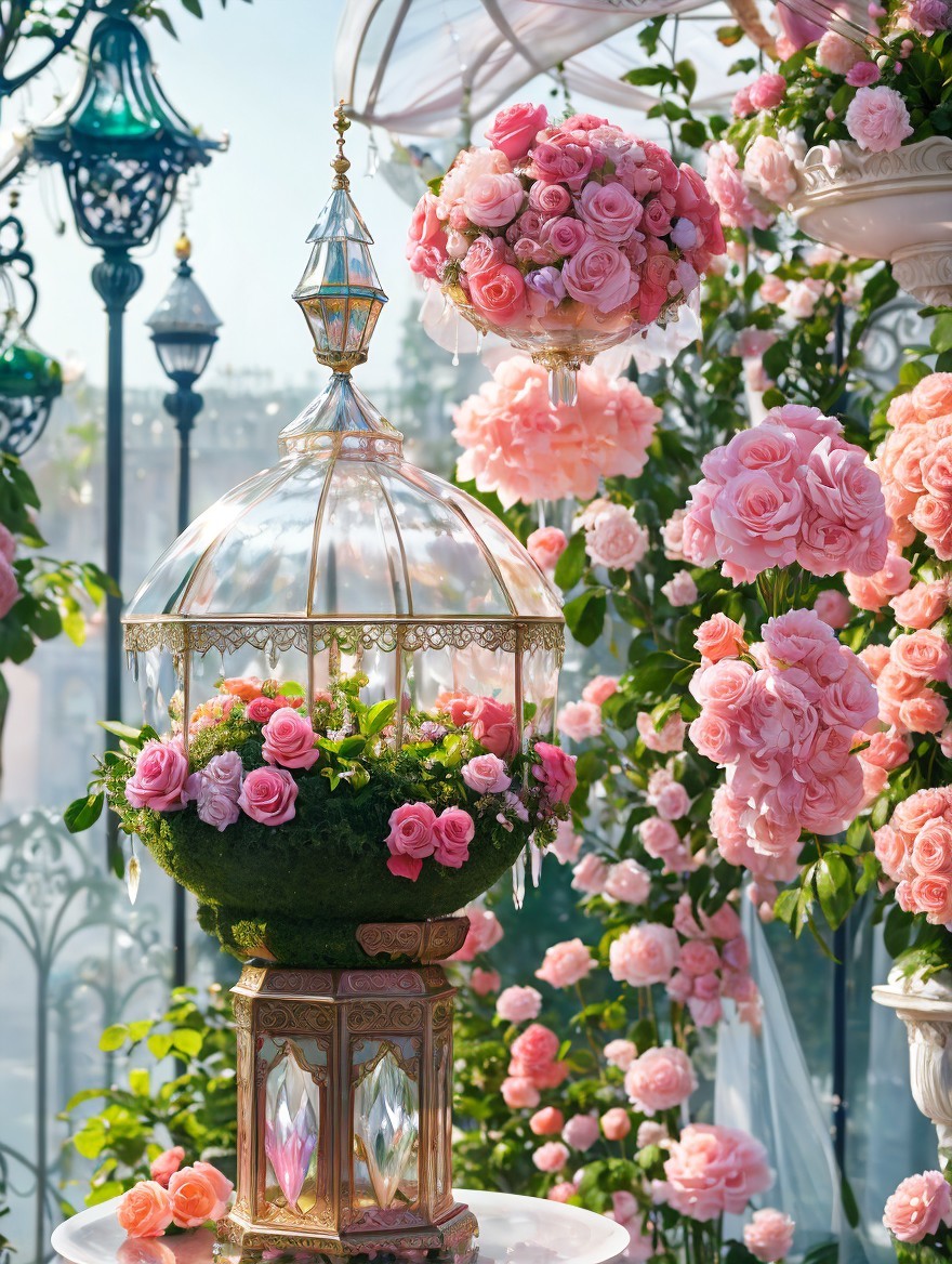 Decorative Glass Dome with Moss and Pink Roses Display
