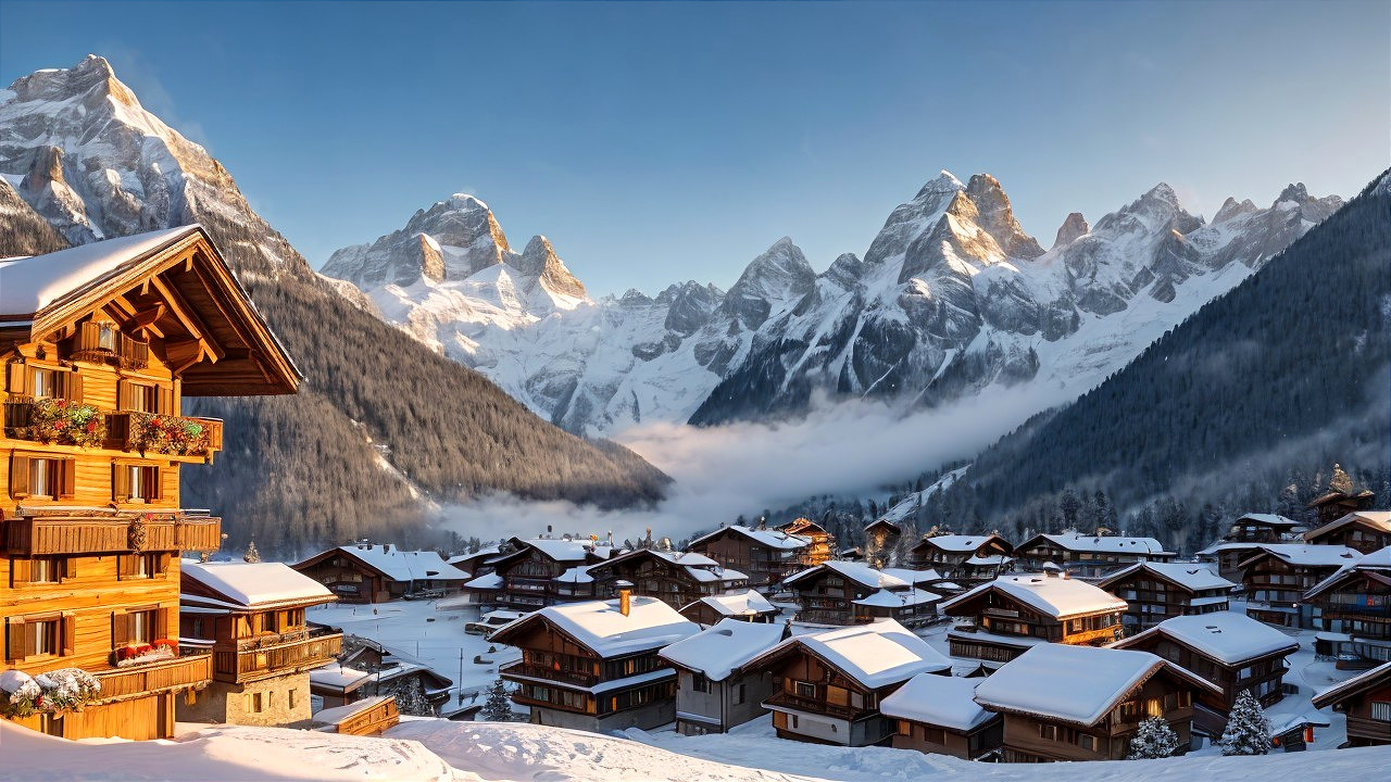 Alpine Village in Snowy Mountain Landscape with Chalets