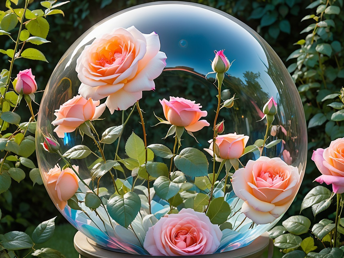 Elegant Roses in Peach and Pink Under Glass Dome