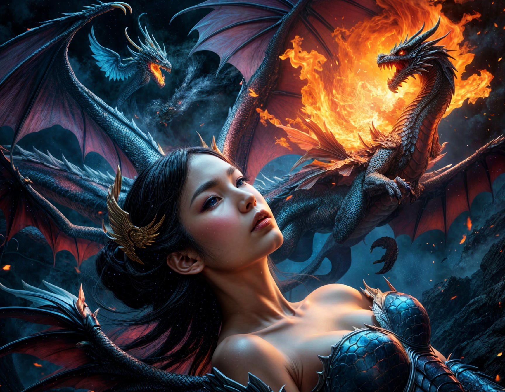 Fantasy Scene with Woman and Soaring Dragons
