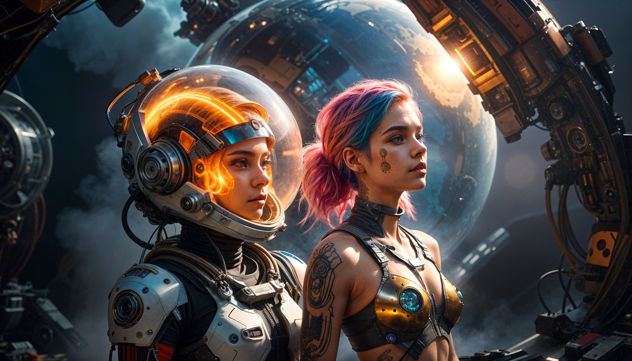 Futuristic Women with Space Helmet and Vibrant Hair
