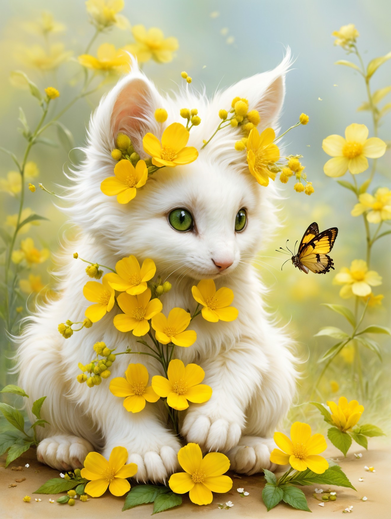 Fluffy White Kitten Surrounded by Yellow Flowers