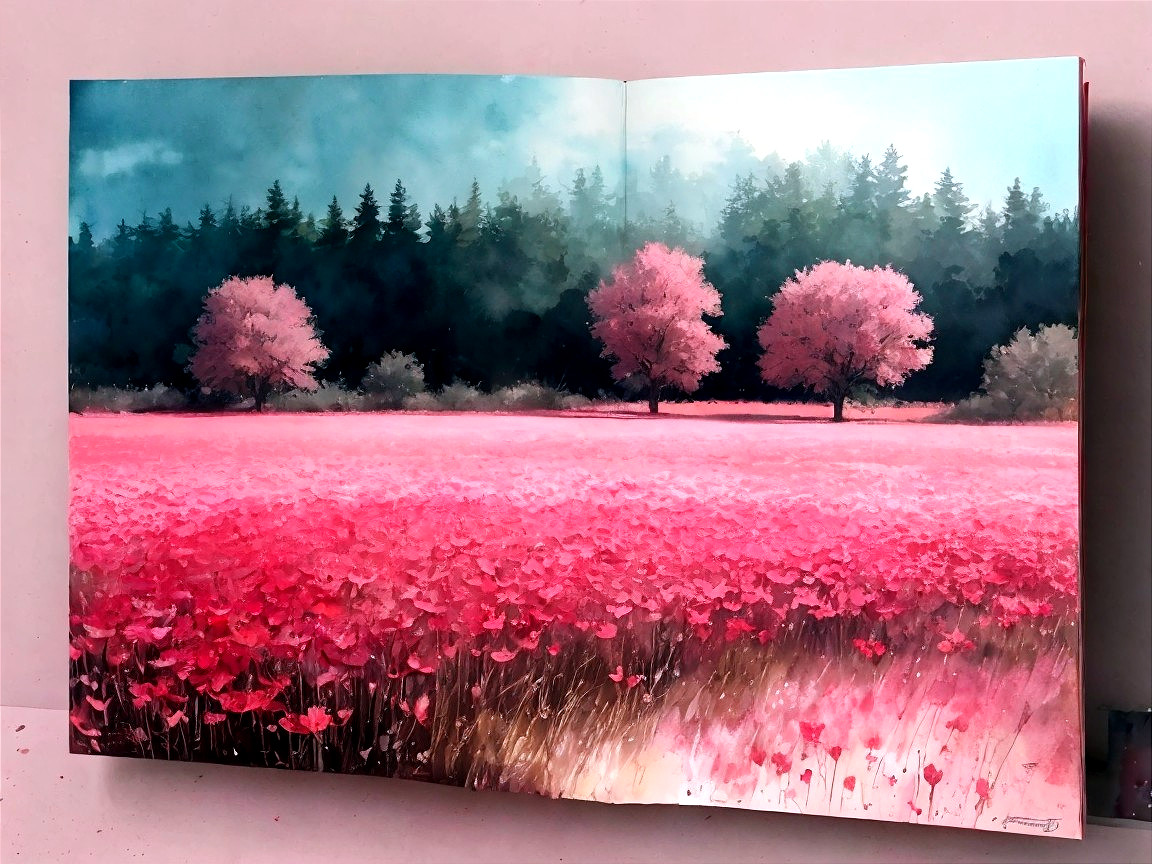 Vast Field of Pink Flowers Under Clouded Sky