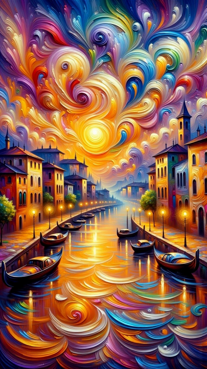 Vibrant Sunset Over Serene Canal with Colorful Buildings