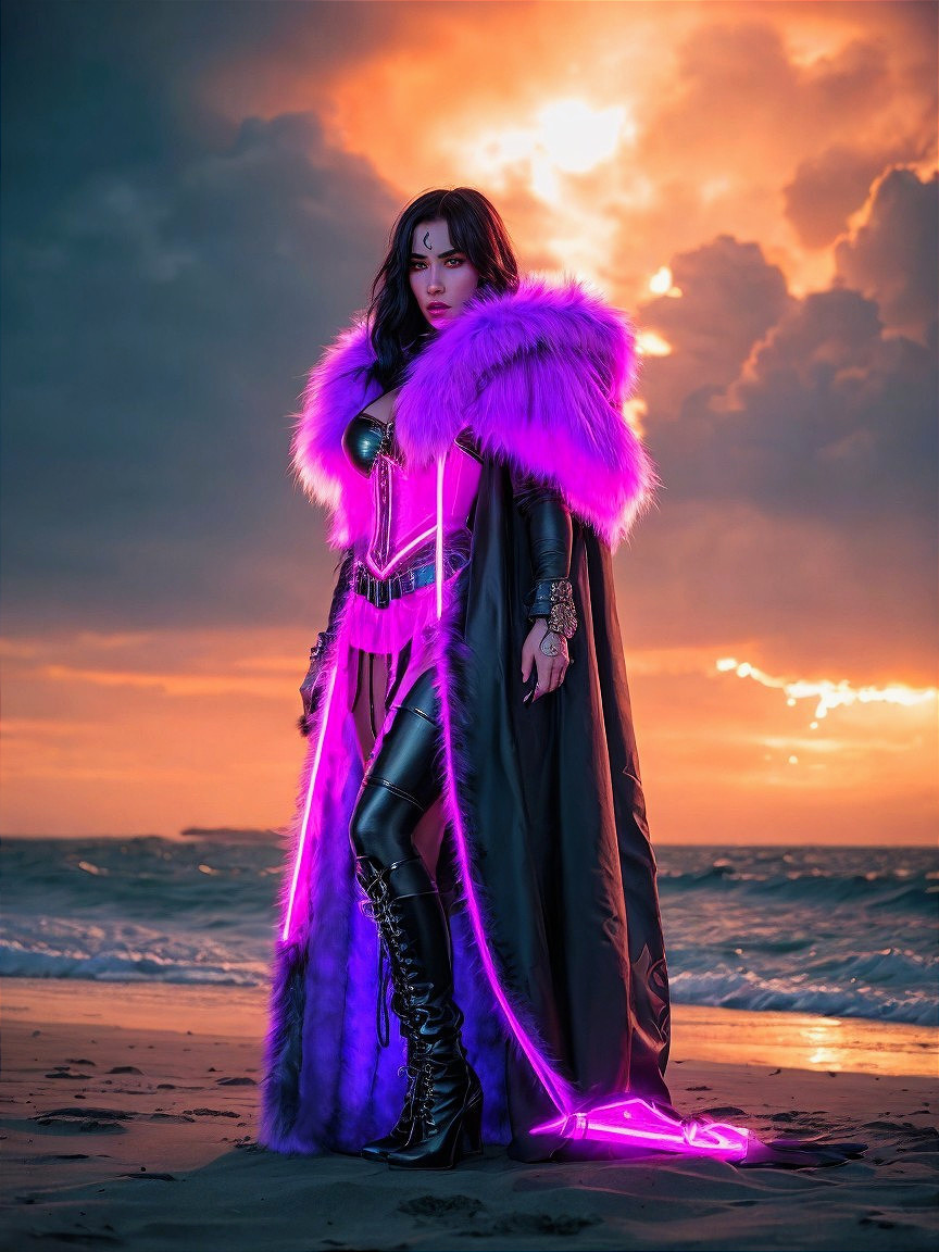 Powerful Figure in Striking Costume at Sunset Beach