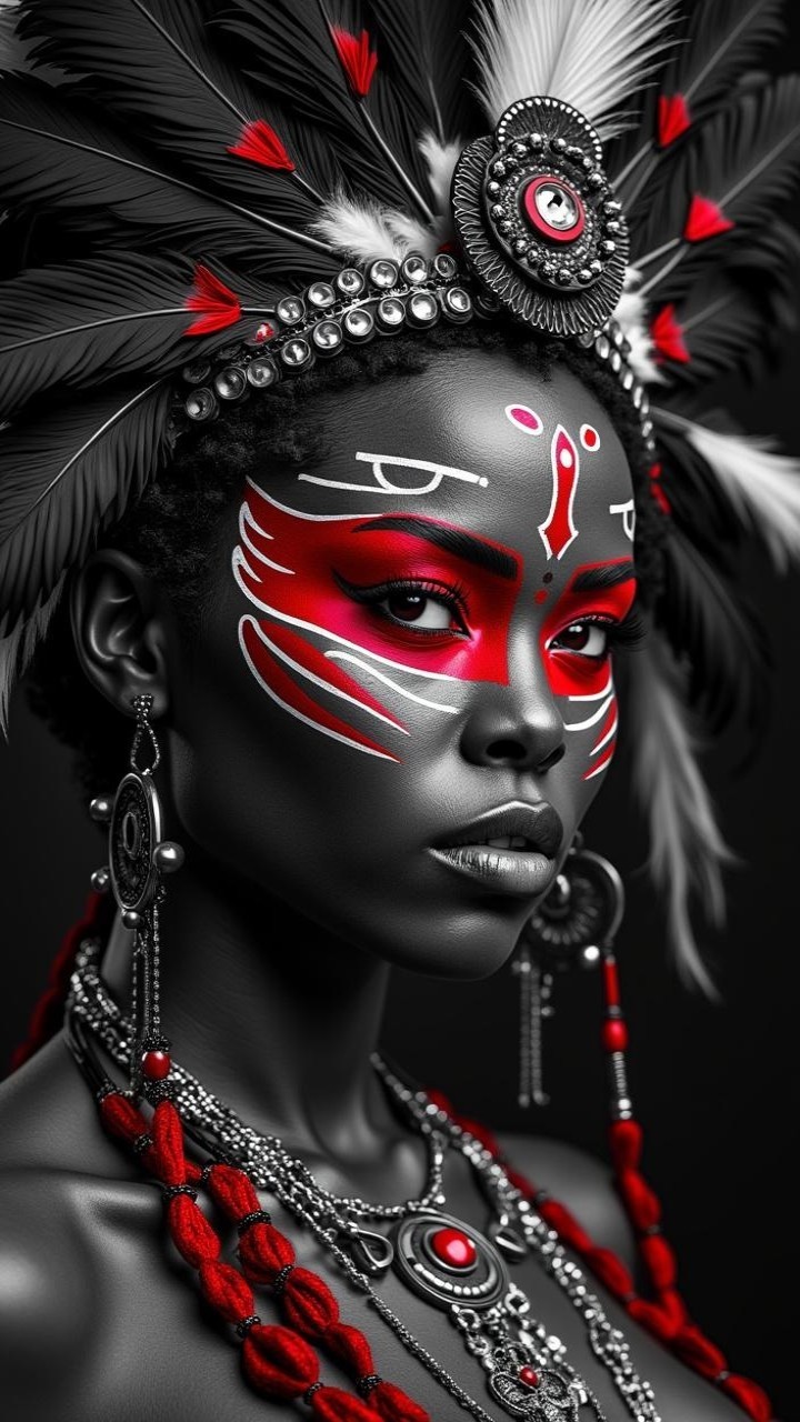 Portrait of a woman with tribal accessories and face paint