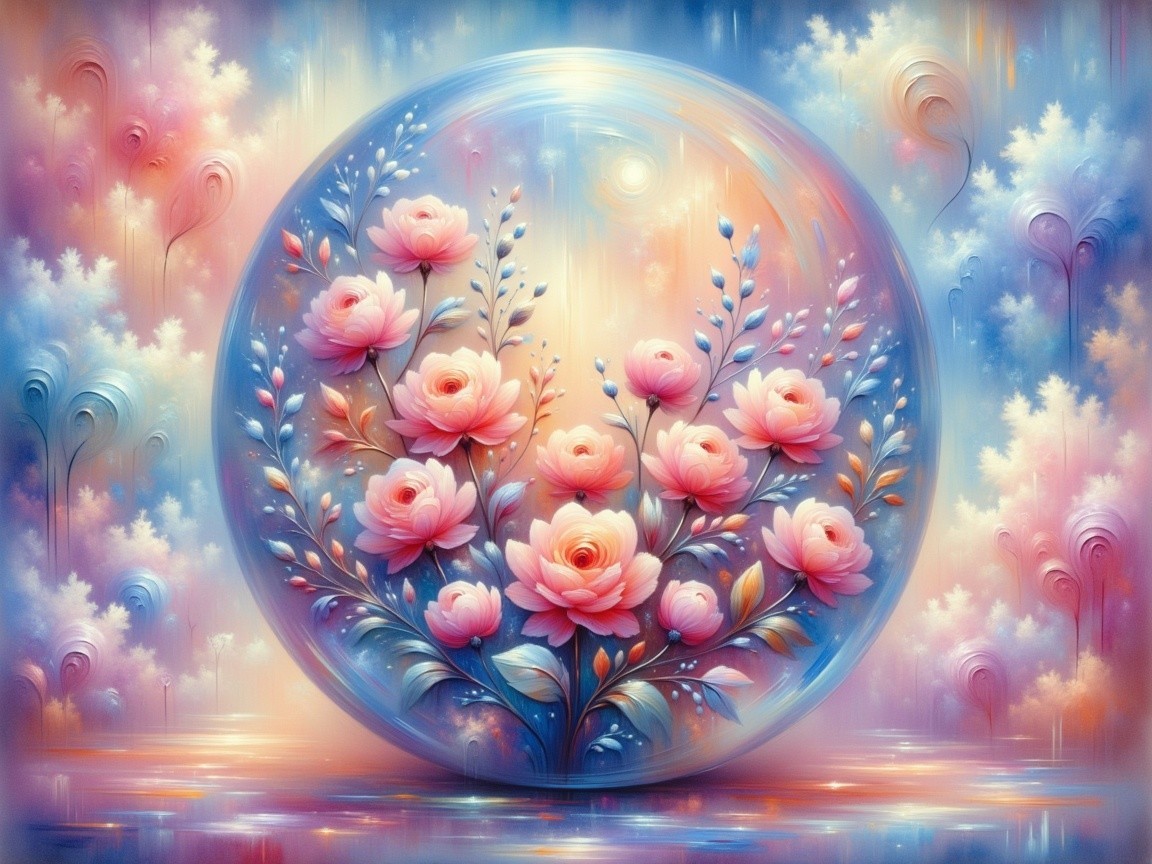 Vibrant Composition of Pink Roses in Pastel Orb