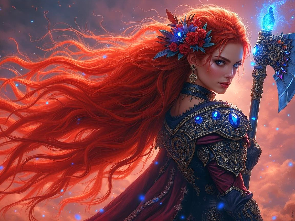 Fantasy Scene with Woman, Red Hair, and Magical Axe