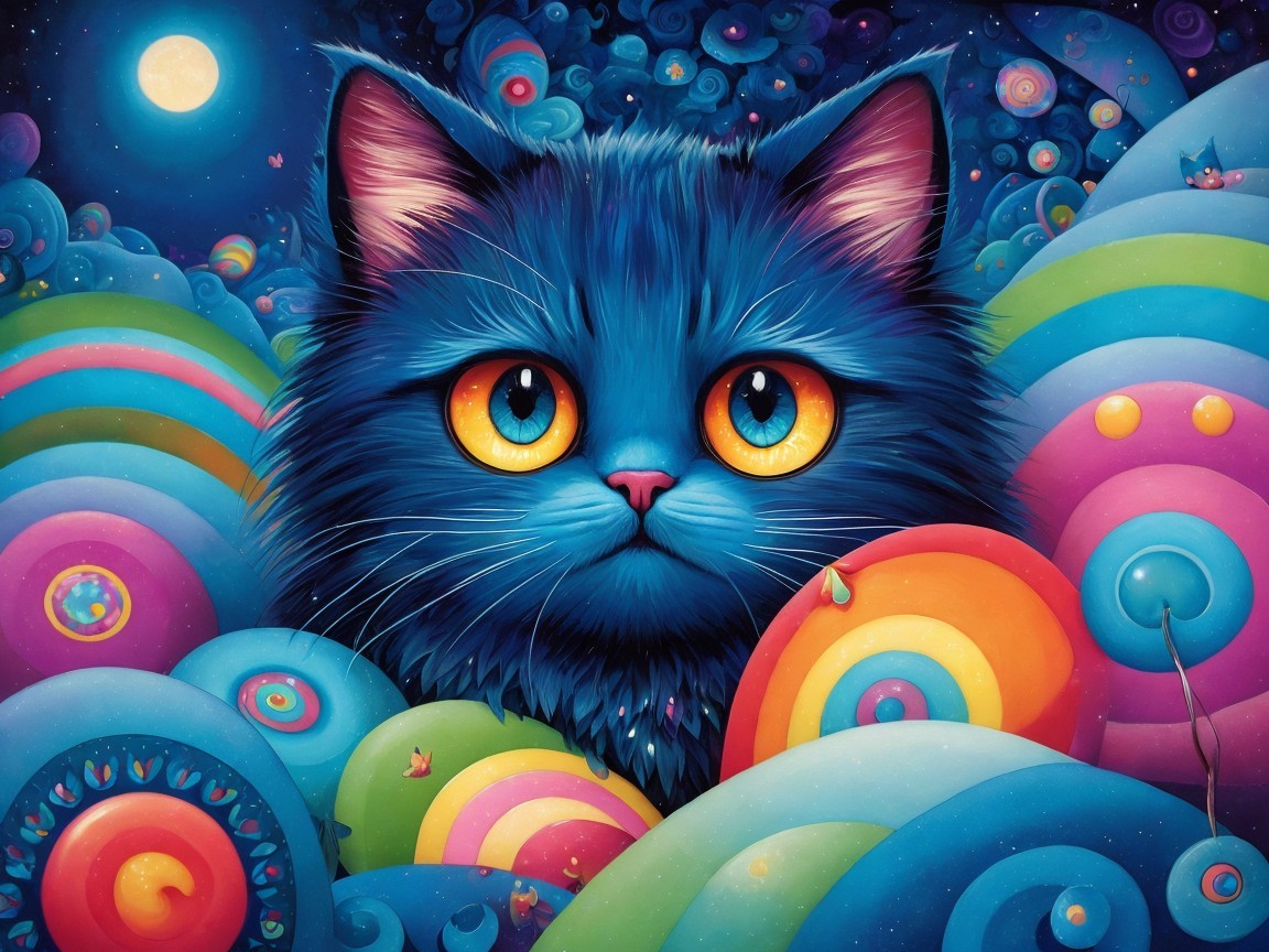 Brightly Colored Digital Painting of a Blue Cat