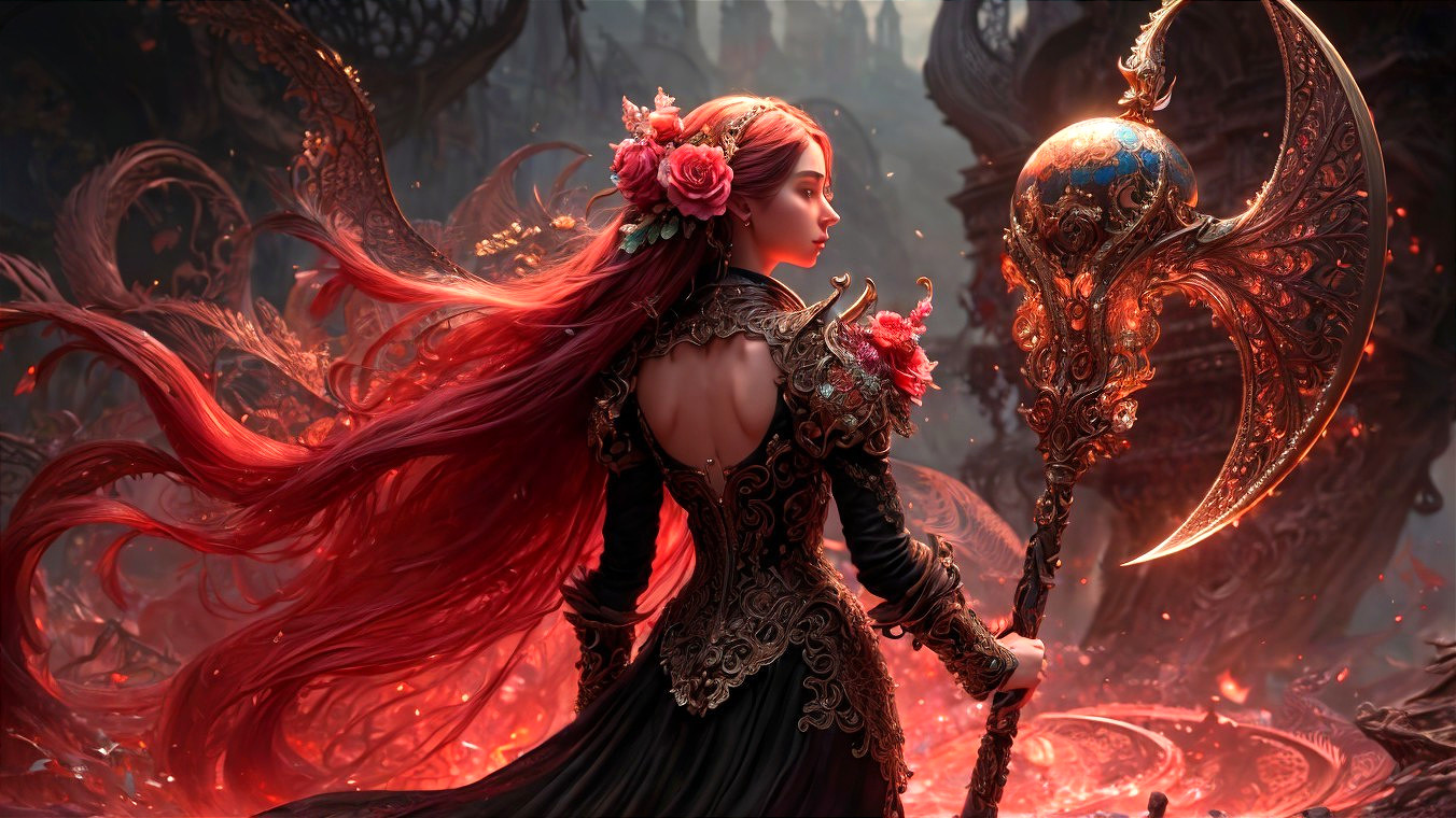 Character with Red Hair and Dark Gown in Fiery Scene