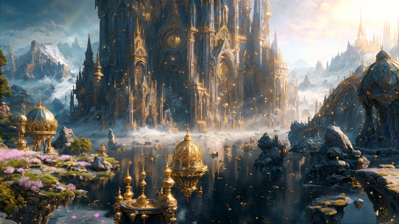 Majestic Golden Castle in a Fantasy Landscape