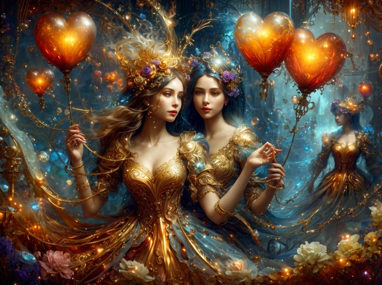 Ethereal Figures in Luxurious Gowns with Balloons