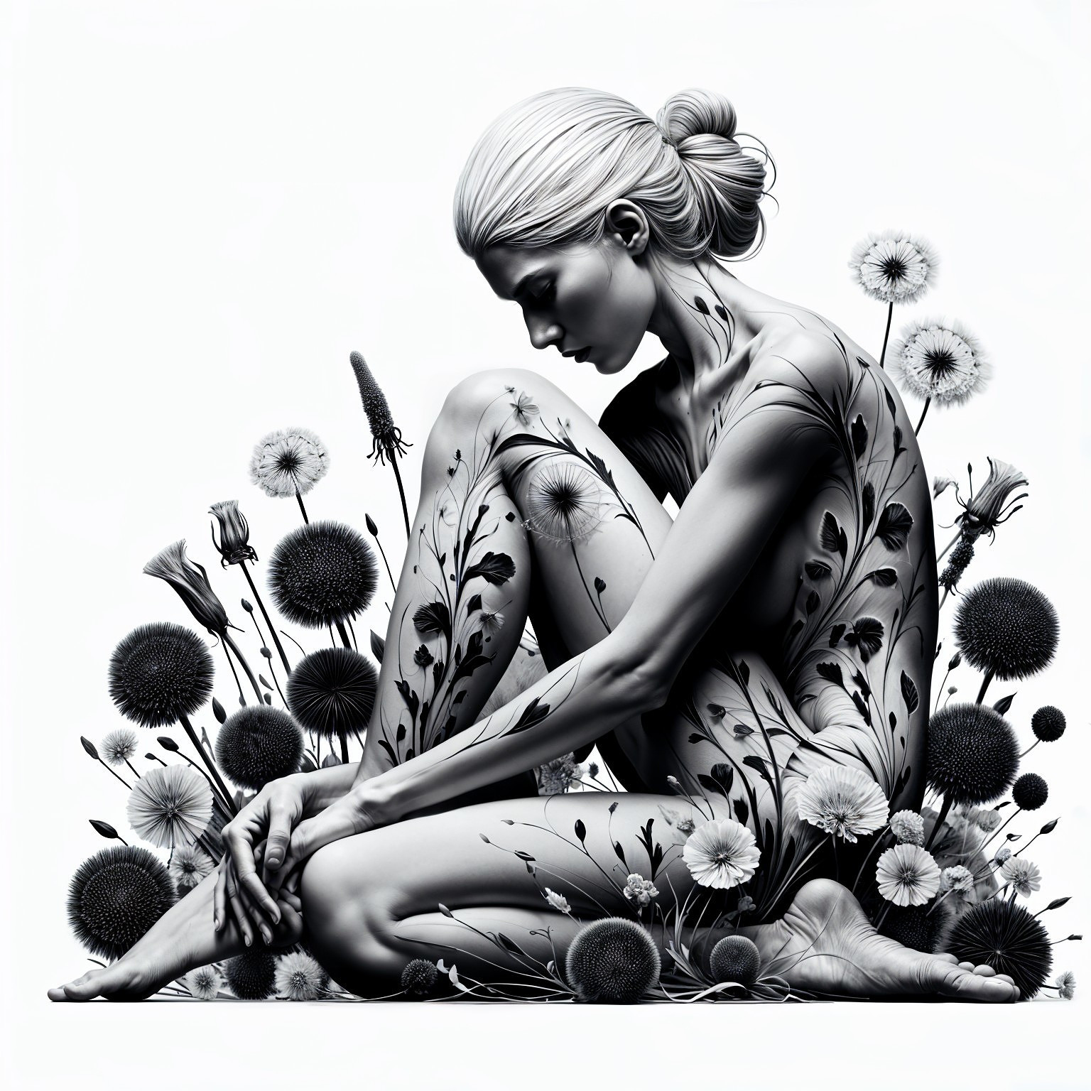 Monochromatic Artwork of Seated Female with Floral Designs