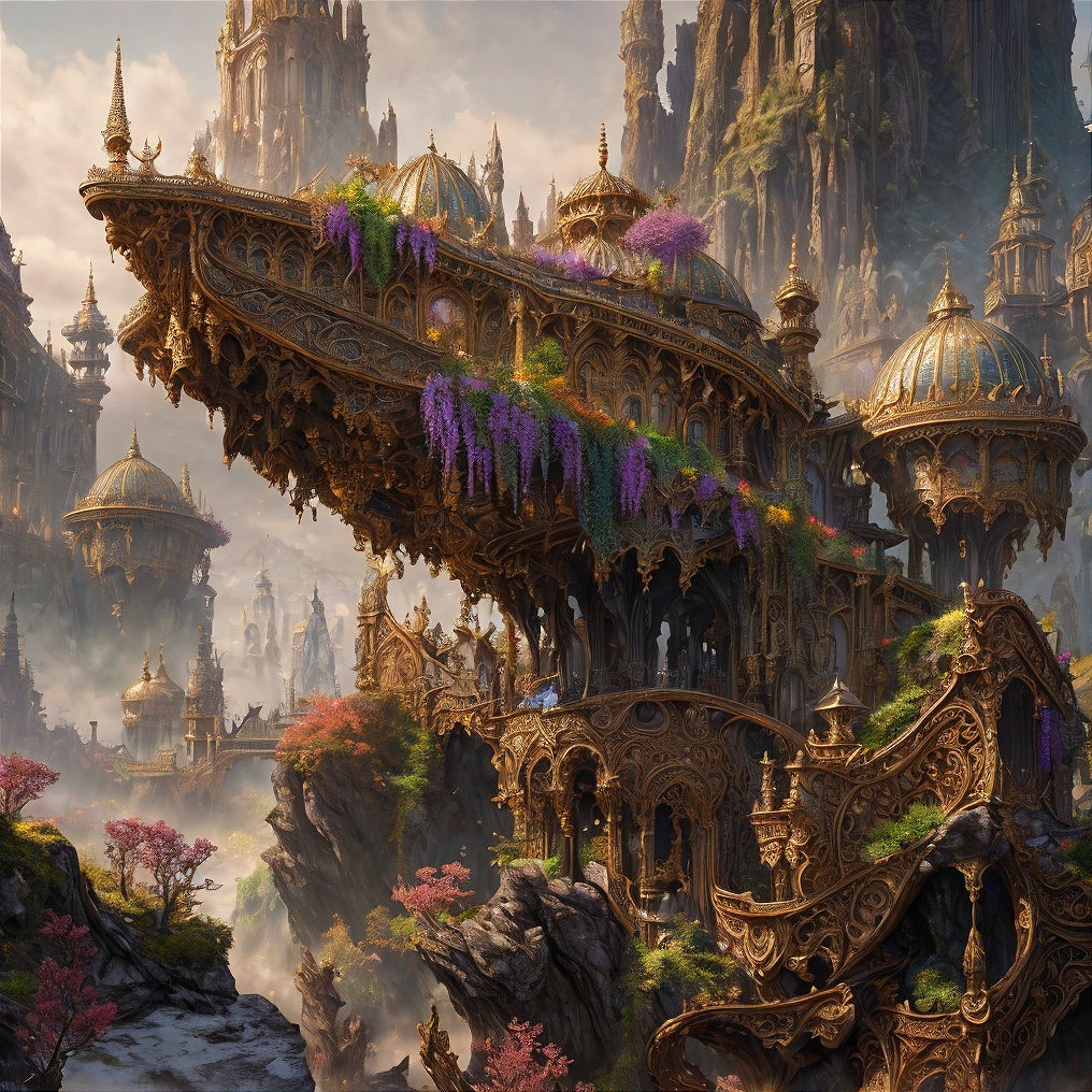 Fantasy Landscape with Ornate Structure and Cliffs