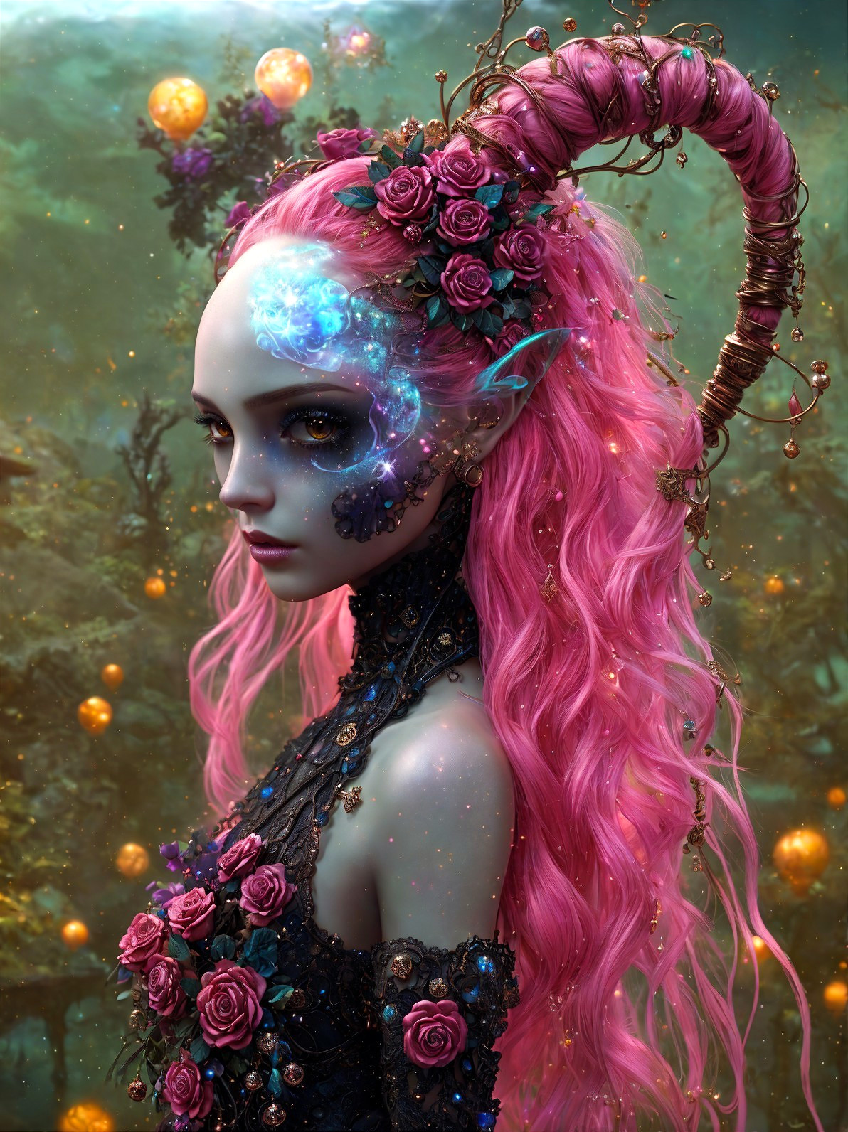 Mystical figure with pink hair and floral accessories