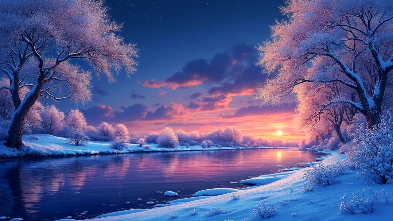 Serene Winter Landscape with Sunset and Tranquil River