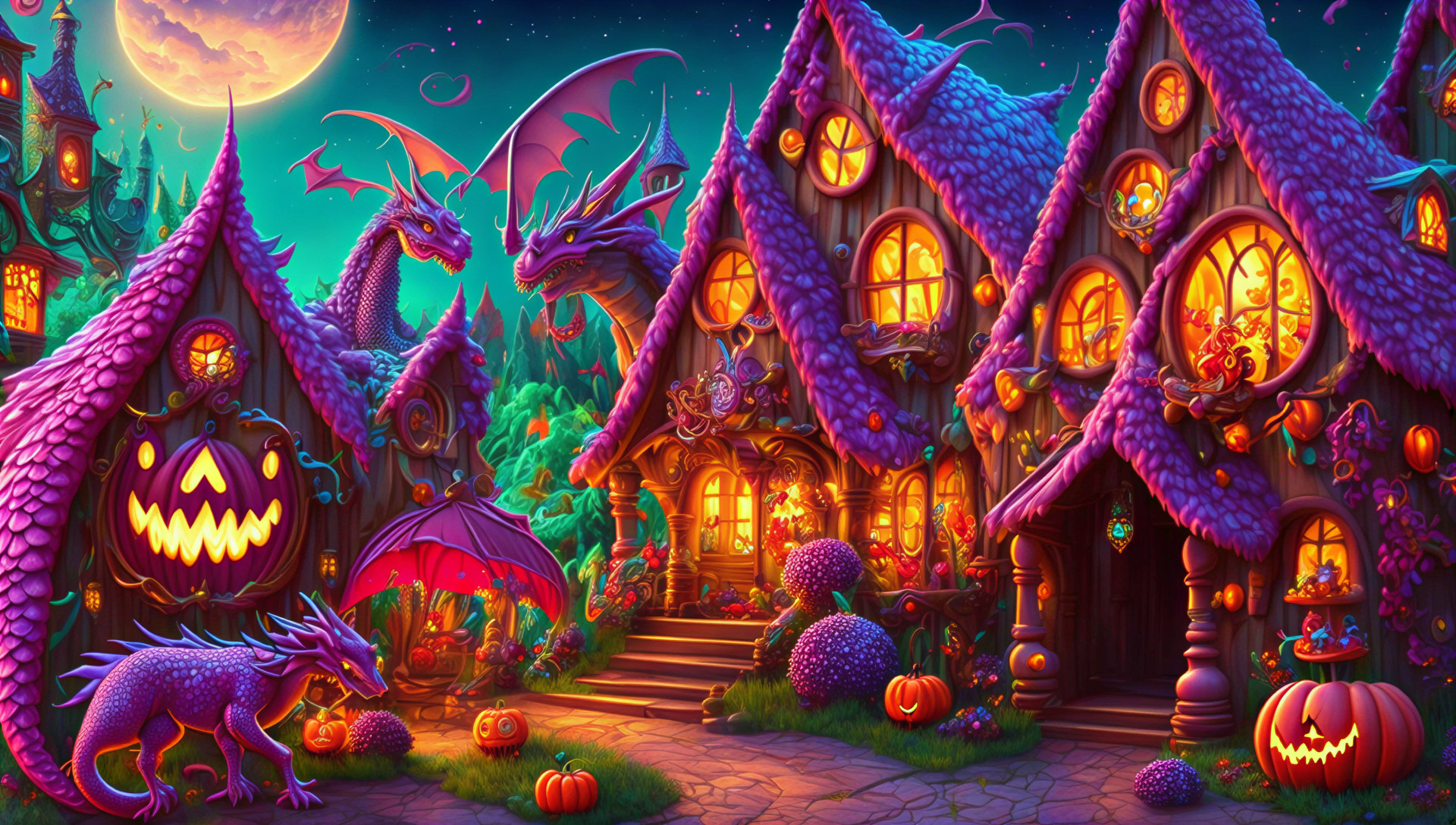 Whimsical Halloween Scene with Cottages and Dragons