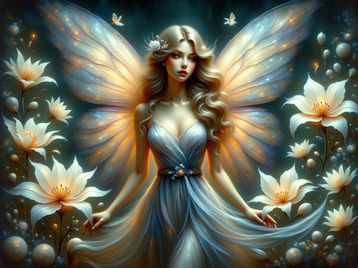 Mystical fairy with shimmering wings among luminous flowers