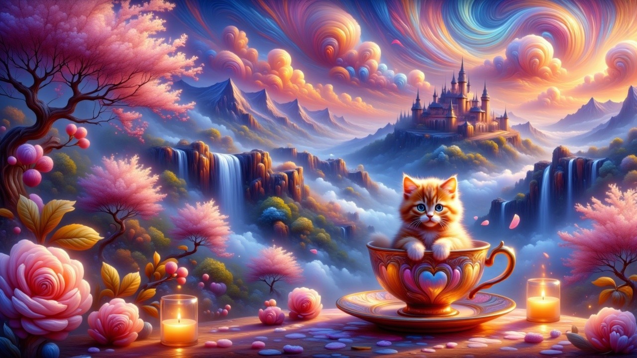 Kitten in Teacup Surrounded by Dreamy Landscape
